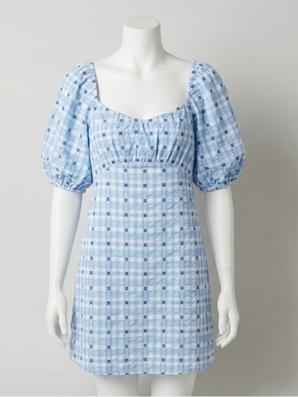 H&M Light Blue Plaid Puff-Sleeve Mini Dress
